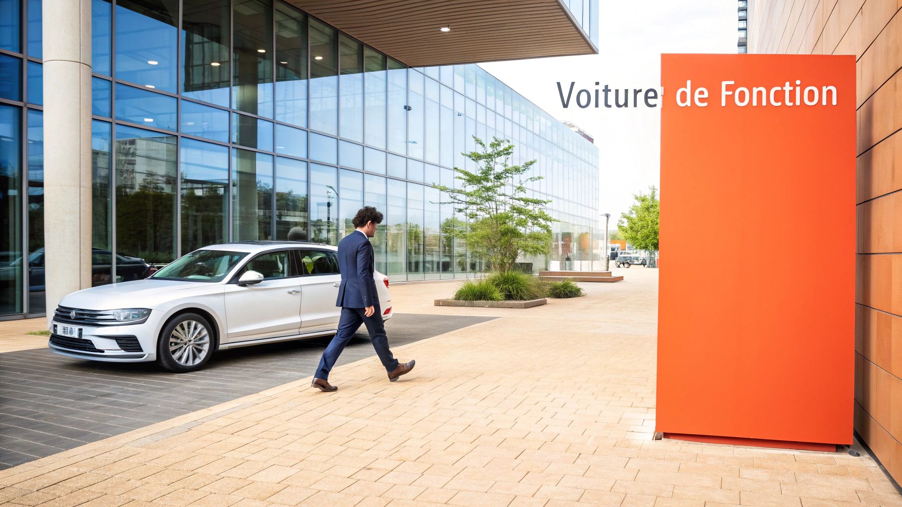 Un homme en costume marche à côté d'une voiture blanche devant un bâtiment moderne avec un panneau "Voiture de Fonction".
