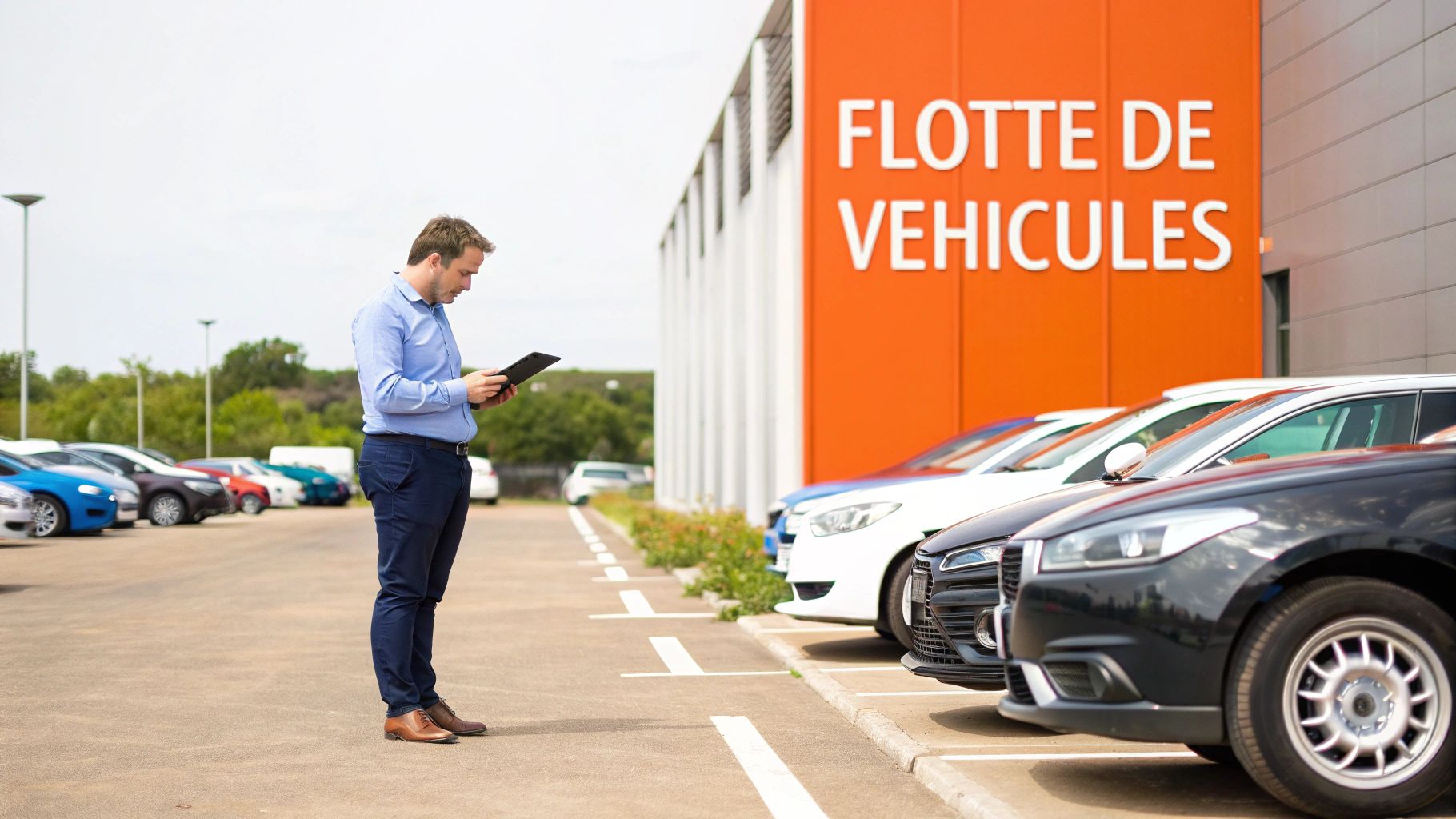 Un homme d'affaires examine une tablette devant un bâtiment orange marqué "Flotte de Véhicules" avec de nombreuses voitures garées.