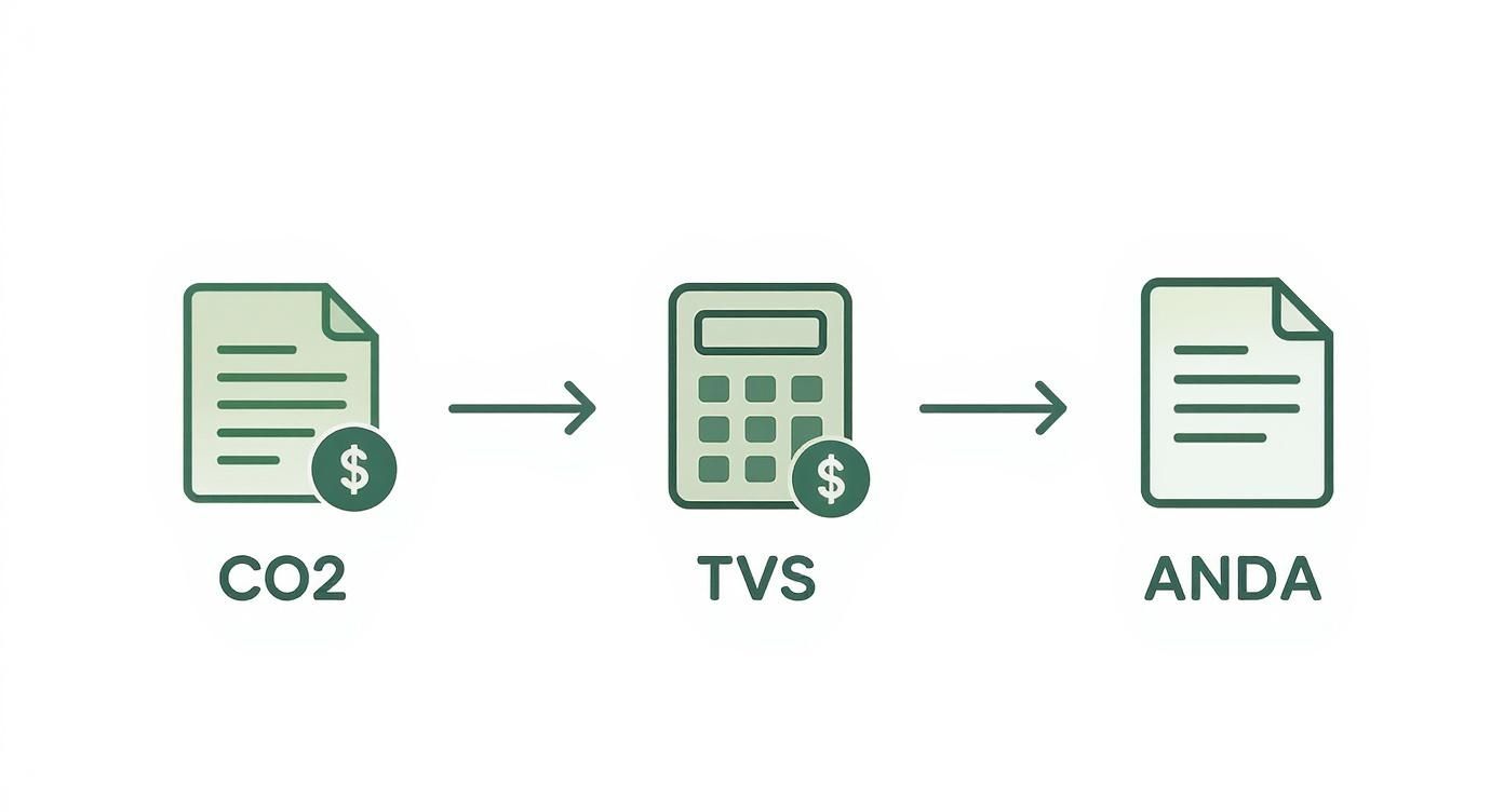 Schéma de processus : de la mesure du CO2 (coût) à ANDA, en passant par un calculateur TVS.