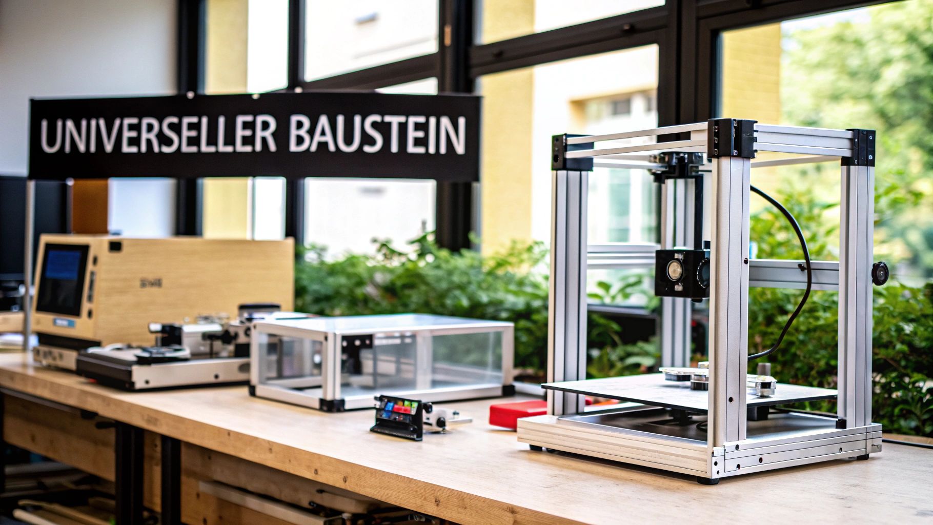 Ein Mitarbeiter montiert ein Gestell aus Alu Profil 20x20 in einer hellen Werkstatt, was die Vielseitigkeit des Materials demonstriert.