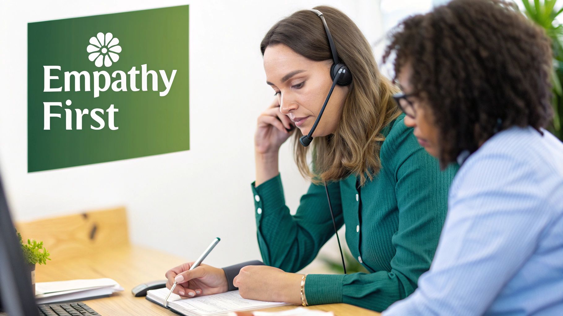 An agent compassionately listening to a customer, representing the Empathy-First Opening Script