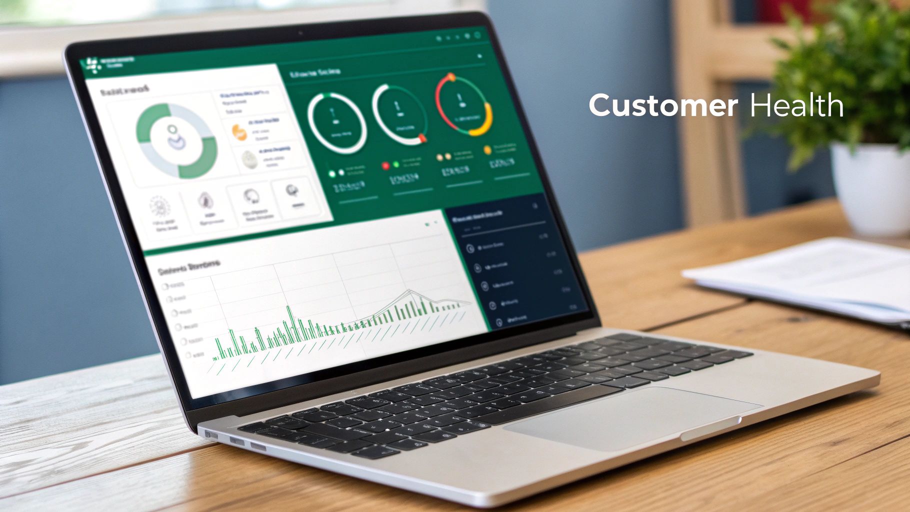 A gauge showing a customer health score from poor to excellent, indicating the overall status of a client relationship.