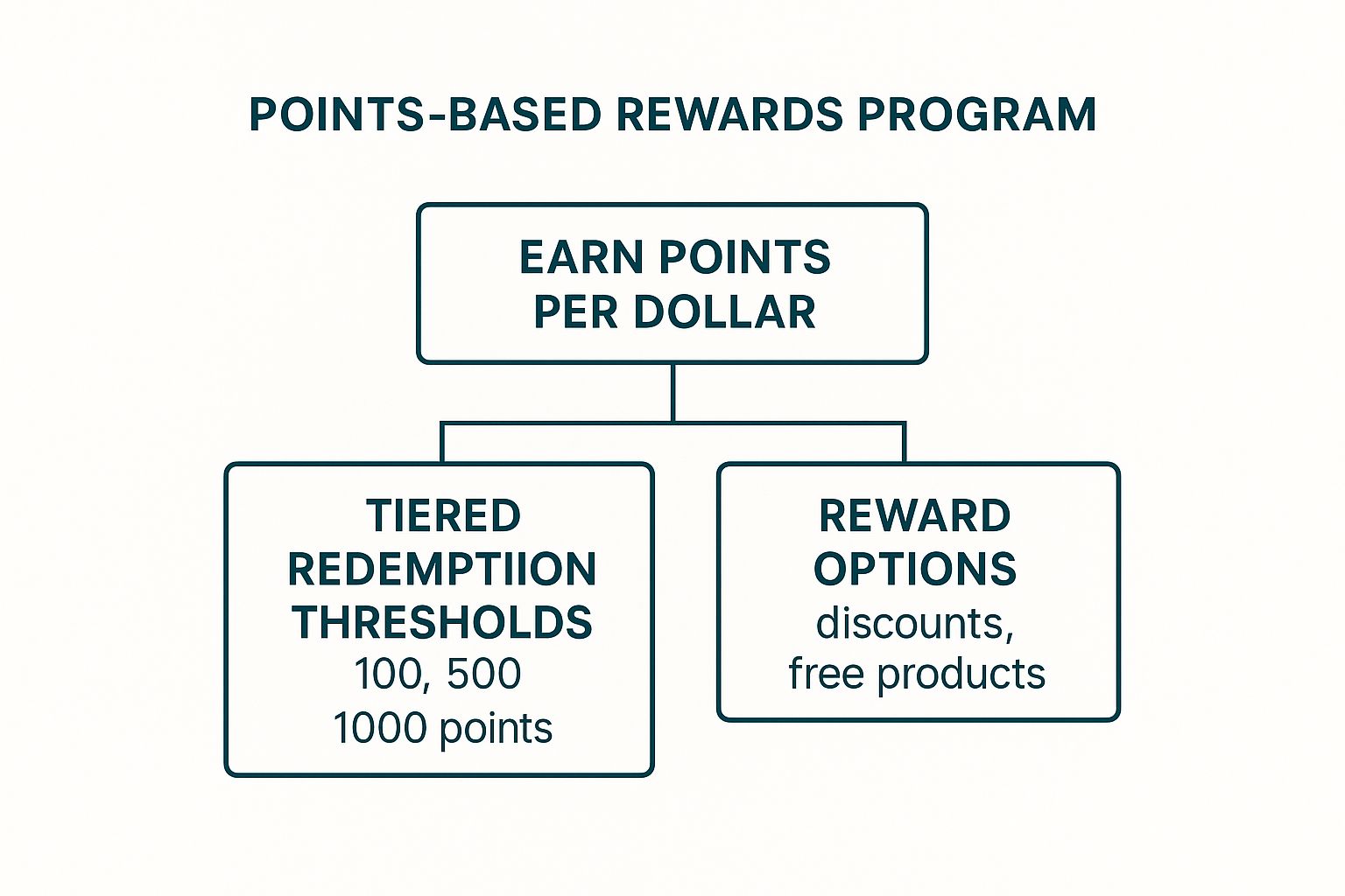 Infographic showing the hierarchical structure of a points-based rewards program, starting with earning points per dollar, leading to tiered redemption thresholds, and resulting in reward options.