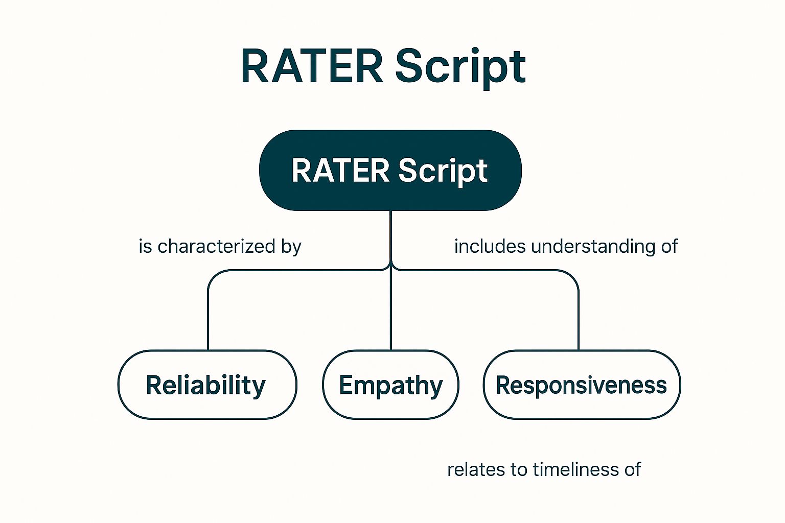 Infographic showing key data about The RATER Script (Reliability, Assurance, Tangibles, Empathy, Responsiveness)